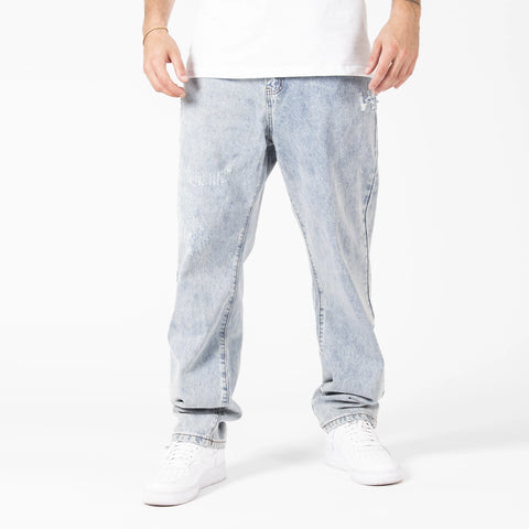 WLKN: Distressed Logo Loose Fit Denim Pants